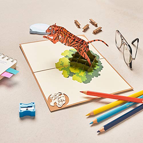 Image of Rykamia Tiger Pop Up Card, Blank, with Envelope, 3D, Delightful Illustrations, Suitable for Any Occasion, Protective Poly Bag Included
