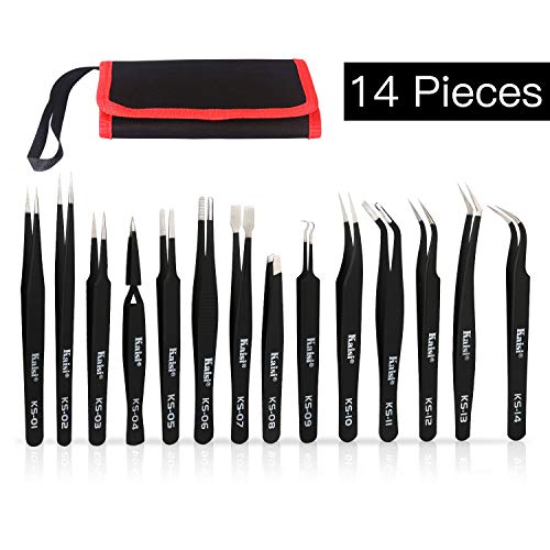 Kaisi 14 PCS Precision Tweezers Set, ESD Tweezer Set, Anti-Static Stainless Steel Tweezers