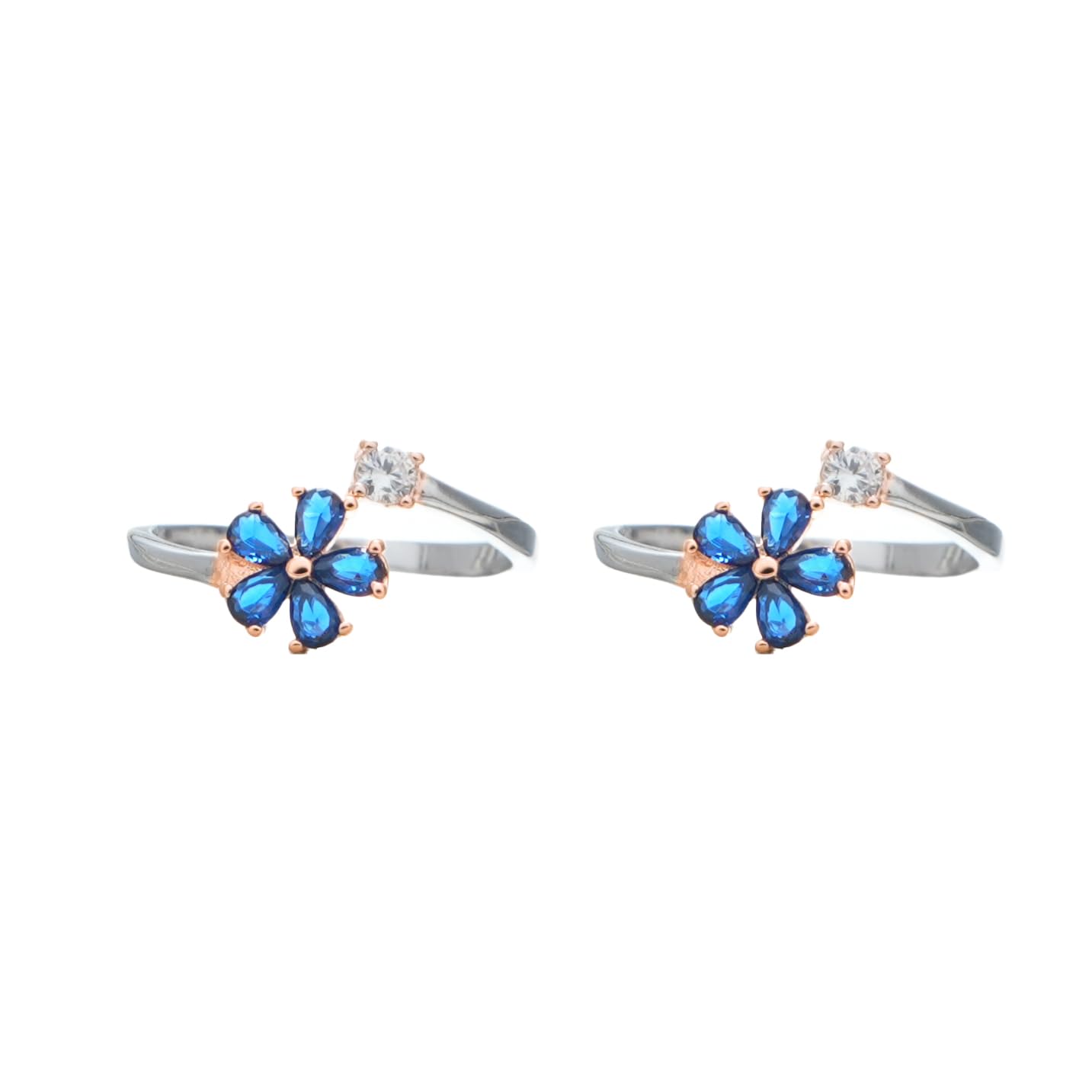 tassya Blue Crystal Flower Adjustable Toe Rings, Rose Gold Tone, Double Floral Design-picture-14