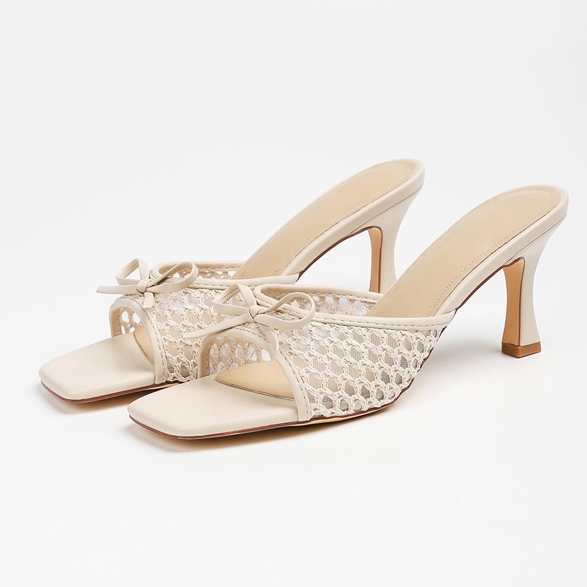 Mule Donna in Pizzo Mesh con Fiocco e Punta Quadrata, Tacco a Spillo 8cm - Bianco Panna