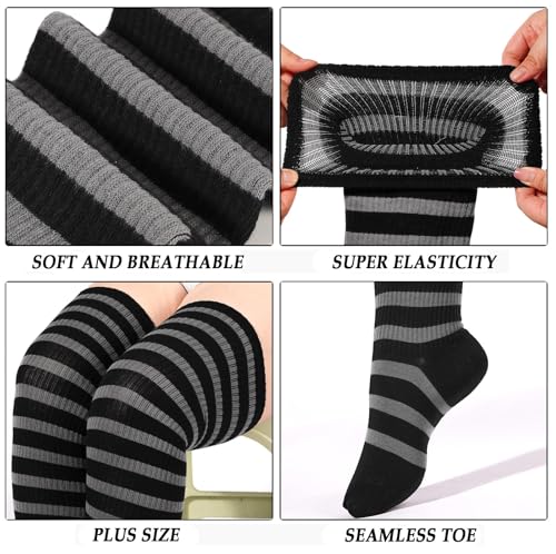 Image of Moon Wood Plus Size Thigh High Socks for Women Knit Cotton Extra Long Striped Over the Knee High Socks Leg Warmers