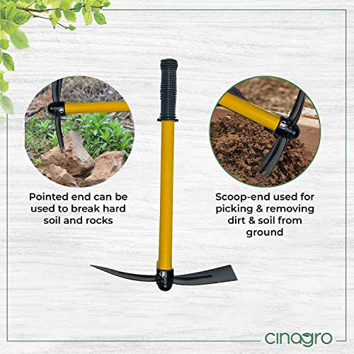 Image of Cinagro 16 inch Two-in-One Gardening Tool, Pick Axe & Hoe with Rubber Handle, Heavy-Duty Metal Gardening Tool (Black and Yellow)
