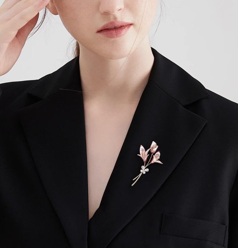 Image of Elegant Pink Lily Flower Brooch Pin for Women - Rhinestone Lily Lapel Pin for Coats, Jackets, and Sweaters
