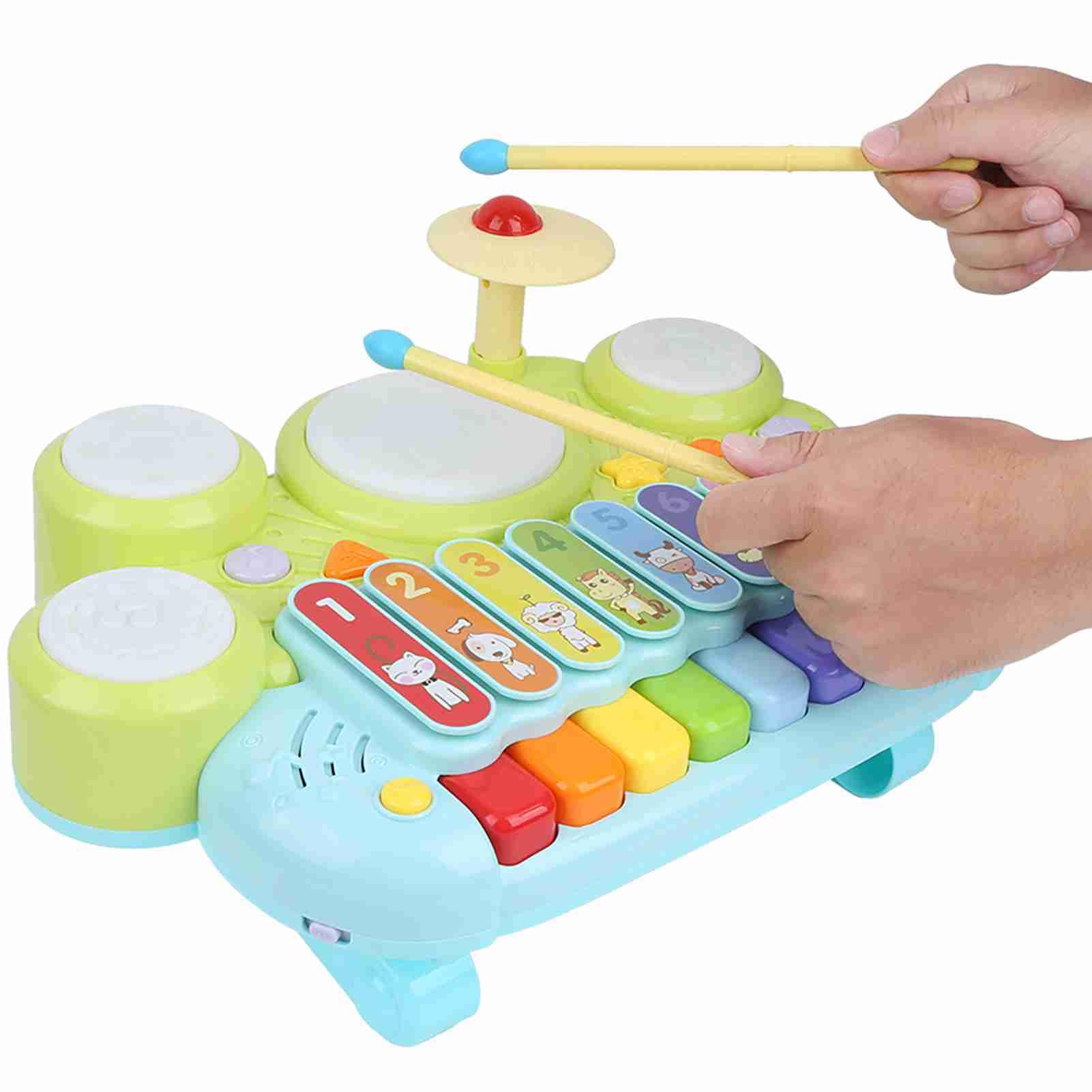 Strumenti Musicali 3 in 1 Giocattoli per Bambini, Tastiera di Elettronica Colorata e Set di Batteria, Ideale per L'apprendimento e lo Sviluppo dei più Piccoli, Realizzato in Plastica di Alta