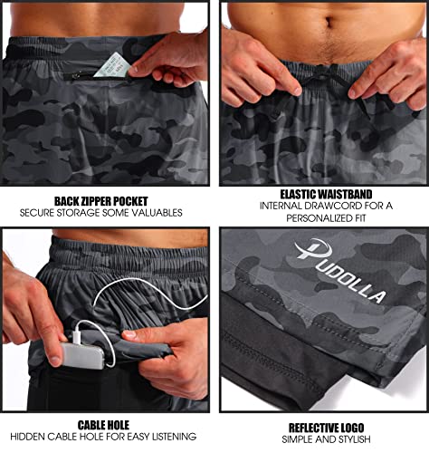 Image of Pudolla Men's 2 in 1 Running Shorts 5 inch Quick Dry Gym Athletic Workout Shorts for Men with Phone Pockets