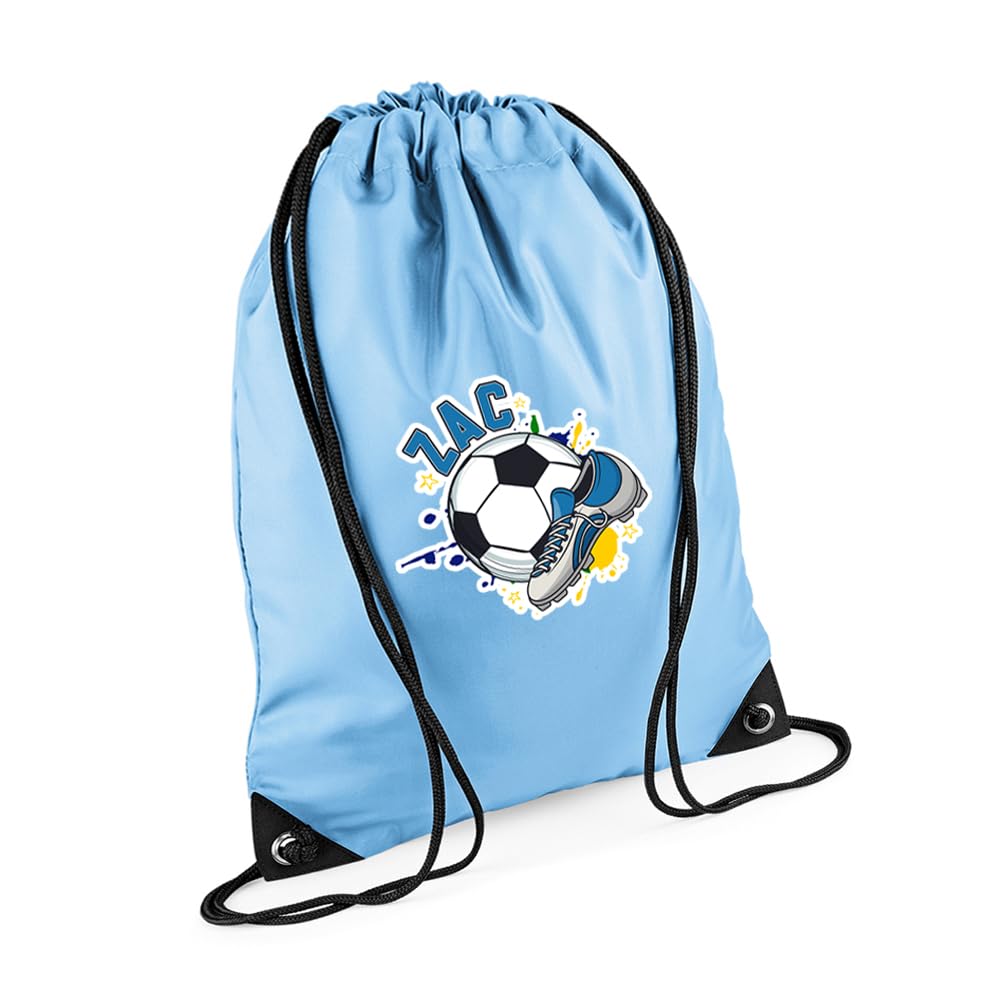 Personalised footballer Bag Gift, Best Football Player Gift, Football Game Gift, Drawstring Bag, PE Gym Kit Swimming, Sport Rucksack. (Sky Blue)