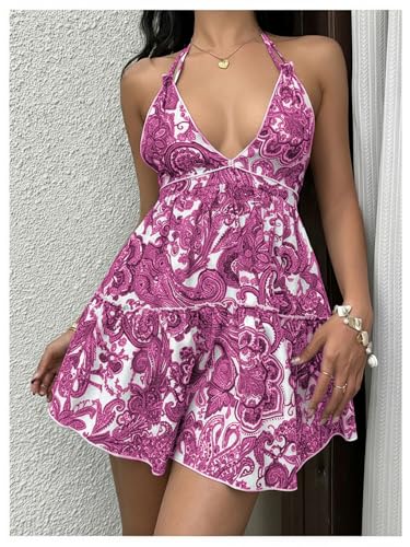 Image of SOLY HUX Women's Summer Boho Paisley Print Halter Dress Deep V Neck Tie Backless Sleeveless Mini Dresses Sundress