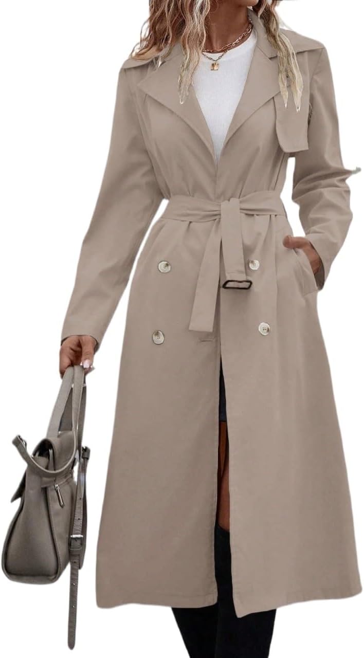 Long Sleeve Lapel Double Breasted Belted Trench Coat Fall Winter Cloth Women
