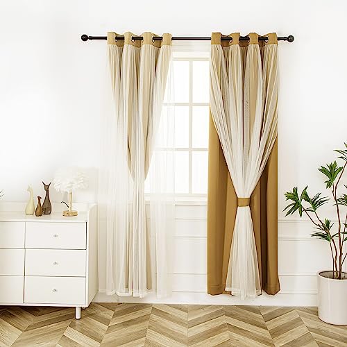 INLINAS Gold Blackout Curtains with Sheer Overlay - Grommet Top Thermal and Noise Reduction Panels for Bedroom and Living Room Light Blocking and Energy Saving 52 x 84 Inches Set of 2