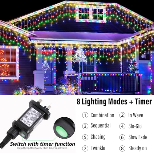 Joomer Multicolor Icicle Lights Outdoor, 250 LED 9.8M Outdoor Christmas Lights Mains Powered, 8 Modes Hanging Fairy Light Christmas Decorations Timer Connectable for Xmas Outside Gutter House Roof