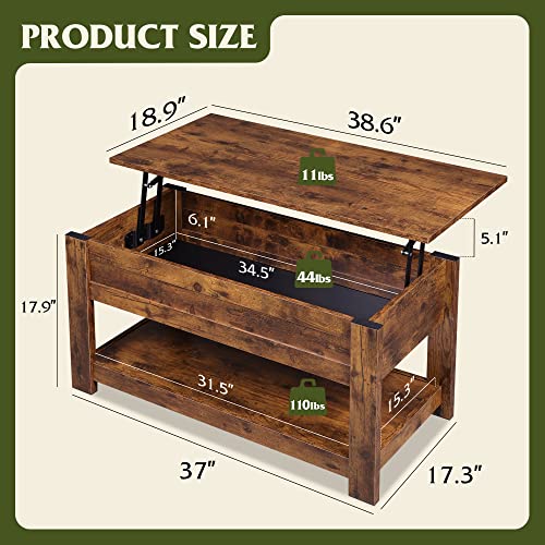 Image of WLIVE Coffee Table, 39 inch Lift Top Coffee Table with Hidden Compartment and Storage Shelf for Living Room, Rustic Brown