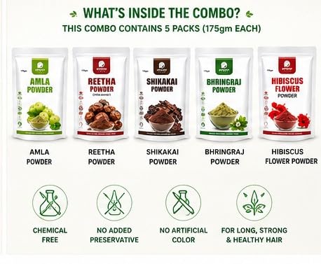 Image of Hibiscus, Reetha, Amla, Shikakai & Bhringraj Powder Combo for Hair Growth and Care, 100% Herbal Hair Pack (Combo of 5)
