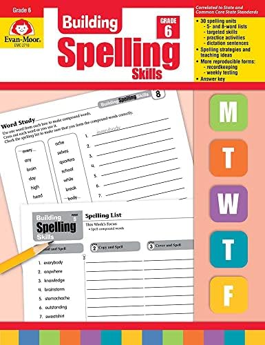 Evan-Moor Building Spelling Skills, Grade 6 - Homeschooling & Classroom Resource Workbook, Reproducible Worksheets, Teaching Edition, Spelling Strategies, Reading and Writing Skills