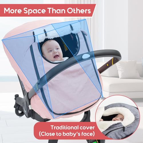 Image of Winter Baby Car Seat Cover, Waterproof Carseat Cover with Zipper Peep Window, Warm Sherpa Fleece Lining, Universal Infant Car Seat Canopy Stroller Cover for Rain Snow Cold Weather (Pink)