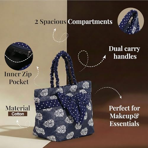 Image of Kuber Industries Cotton Dot Printed Bow Hand Bag with 3 Compartment and Zipper Clouser | Multipurpose Women Hand Purse Bow Design for Office | Blue