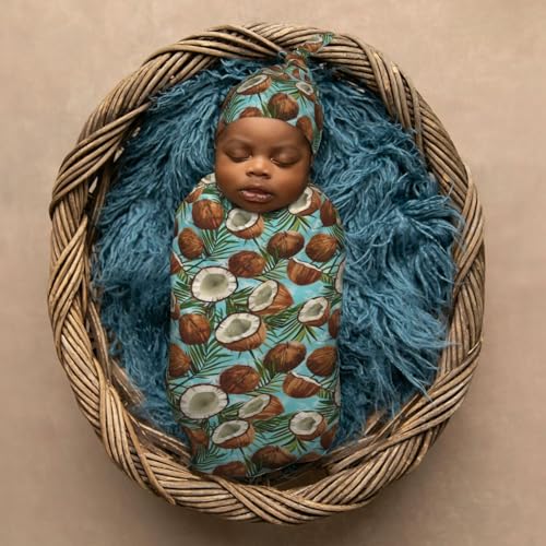 Image of Watercolor Coconuts with Tree Newborn Swaddle Blankets Hat Sets Soft Baby Receiving Blanket Swaddle Sack for Baby Shower Infant Boy Girl Gift