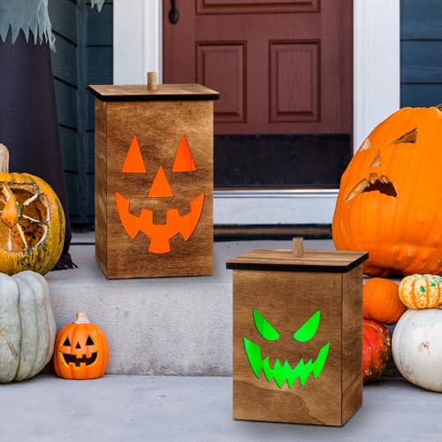 2 Pcs Wooden Jack O Lantern Pumpkins Halloween Light up Jack O Lantern Outdoor Indoor Battery Operated Lighted Pumpkin with Spooky Face Halloween Lantern Decorations Party Favor Gift