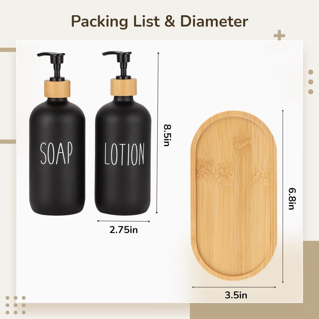 Set of 3 Black Glass Liquid Dispenser for Lotion Hand Soap with 16Oz Glass Pump Soap Dispenser and Farmhouse Wood Riser, Supplies for Home Kitchen Bathroom Decor