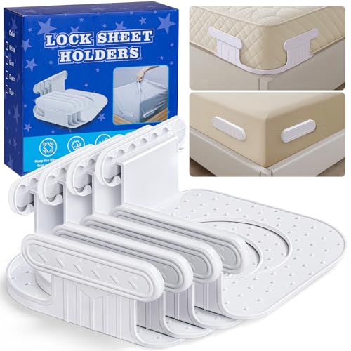 Piahmoiy Bed Sheet Holders for Corners: 4Pcs Fitted Sheet Holder with Locks, Sheet Clips Fits Mattress, Upgrade Sheet Holders Keep Sheets Firm & Tight, Heavy Duty Sheet Fasteners- White