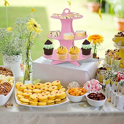 Miniatura 6 de Soporte para cupcakes, paquete de 2 platos redondos de cartón de 3 niveles para postres, pasteles de frutas, soporte para base de cupcakes, bandeja