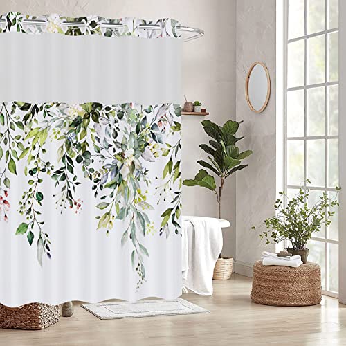 Rezaymrs Green Floral 3 In 1 Shower Curtain No Hooks, 71X74 Inch Waterproof & Washable, Polyester Shower Curtains With Snap In Fabric Liner, Sheer Top Window, Double Layer Bathtubs Hotel Curtain Set #TOP1
