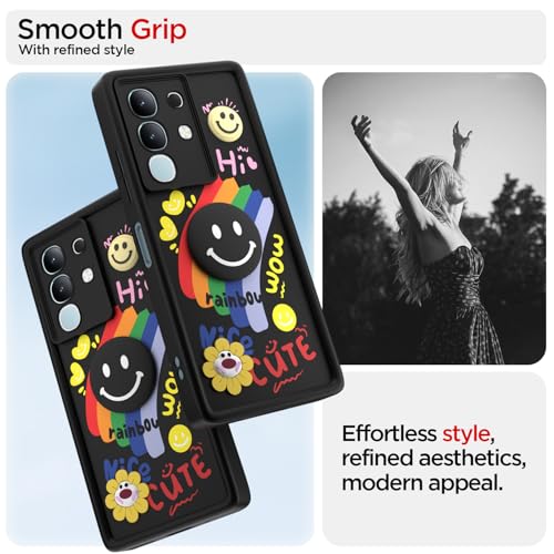Image of Pikkme Back Cover for Vivo T4x 5G / iQOO Z10x 5G / Vivo Y31 Pro 5G | Soft Silicone| Cute Rainbow Smile & 3D Cartoon Flower Design | Shockproof Raised Camera Protection Bumper Case (Black)