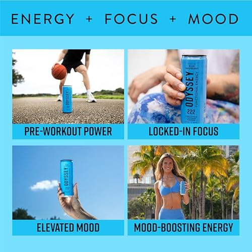 Image of Odyssey Functional Energy Drink, Blue Raspberry, 222mg Green Tea Caffeine, Clean Energy & Focus, Low Calorie, No Added Sugar, No Crash, Lion's Mane & Cordyceps, 12 Pack 12 Fl Oz
