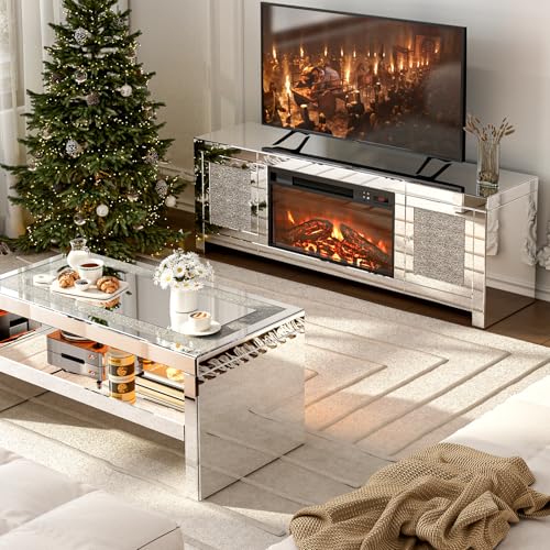 IKIFLY Mirrored Fireplace TV Stand, Mirrored Media Entertainment Center for TV up to 55 inch, Silver TV Console Table Mirrored Furniture for Living Room