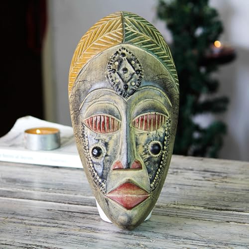 NOVICA Decorative Sese Wood and Brass Mask, Multicolor 'Royal Presence'
