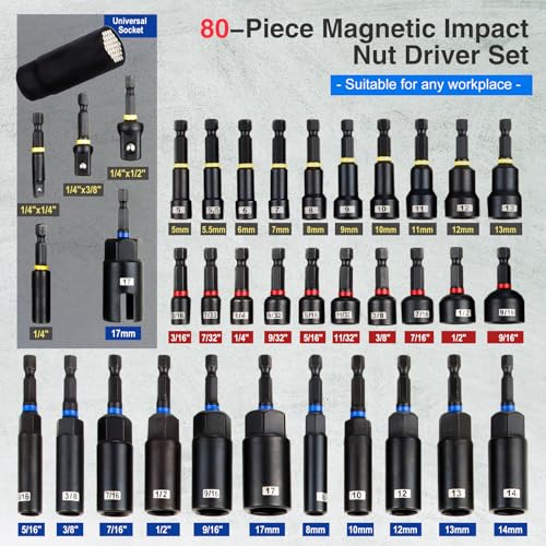80 Piece Magnetic Nut Driver and Impact Driver Bit Set 1 4 Hex Shank - Image 2