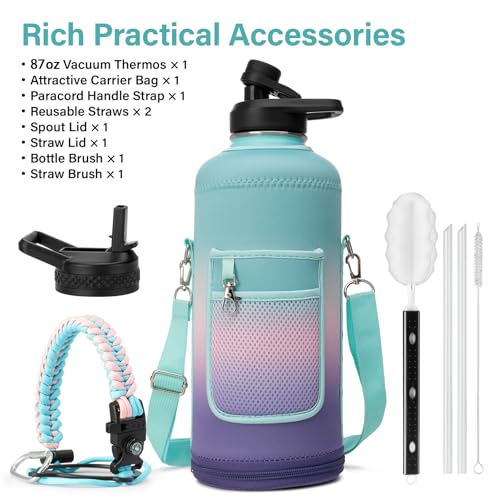 Insulated Water Bottle | Thickened Stainless Steel for Gym and Hiking with Straw, Carrier Bag, Handle Strap | BPA-Free 87 oz