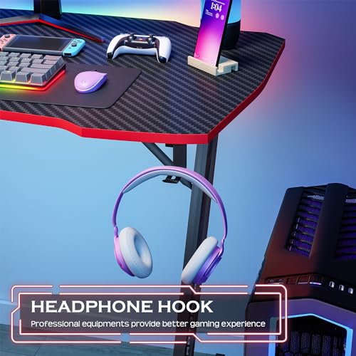 Image of PayLessHere | 35 inch Gaming Table | Red | Z-Shaped Computer Desk with Steel Frame, Headphone Hook, Adjustable Feet | Carbon Fiber Texture Surface, Sweat & Waterproof | for Gaming, Home Office
