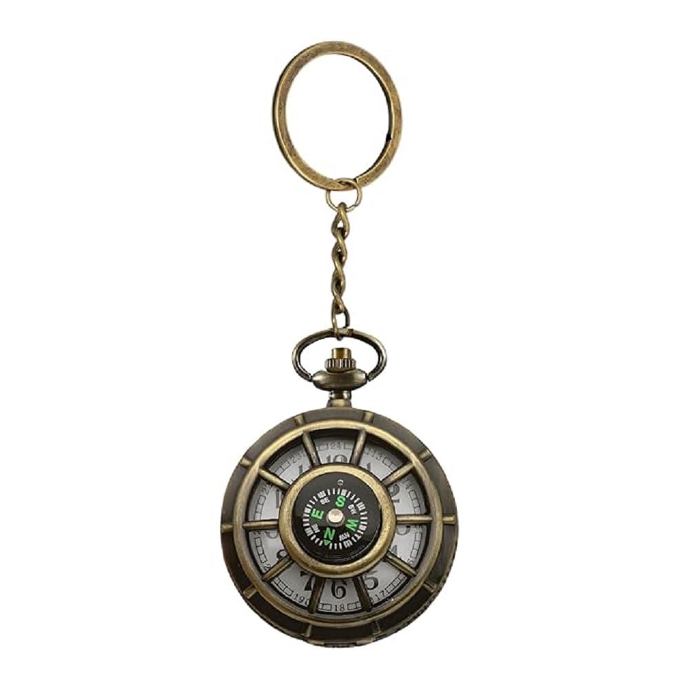 Vintage Pocket Watch Keychain for Men & Women - Antique Bronze Alloy Quartz Pendant Watch with Chain, Heart Carved and Compass Dial Design for Gift, Travel, Daily Use