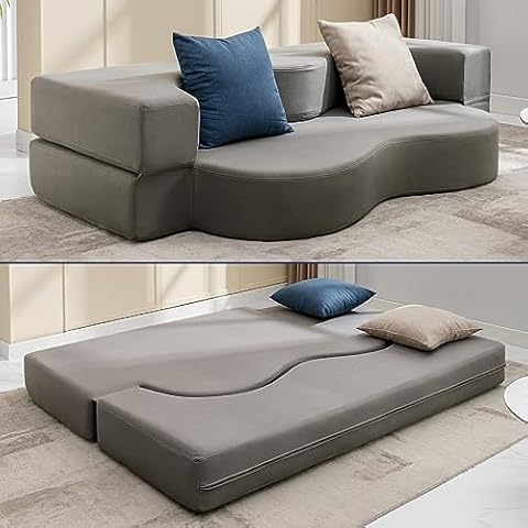 Mjkone Folding Sofa Bed, Fold Out Futon Sofá Bed, Foldable Floor Couch Bed with Memory Foam, Convertible Full Sleeper Couch Bed, Stylish Lazy Sofa Bed for Living Room, Guest Room-Light Gray Cover