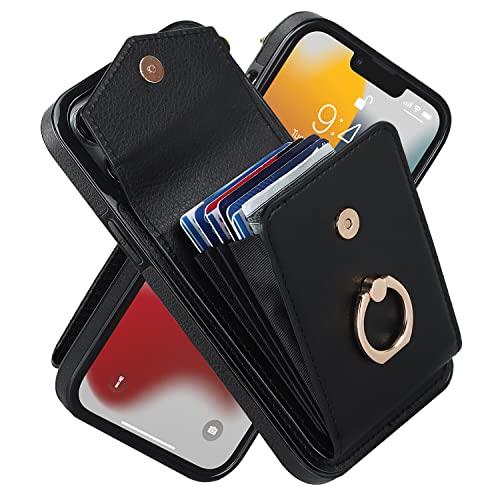 Phone Case for iPhone 14, High-end Stylish Leather Accordion Card Holder,Wallet Phone Case, Anti-Drop Lanyard, Multi-Functional Ring Stand Case, Prote