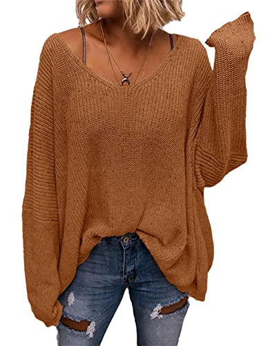Image of BZB Women's V Neck Long Sleeve Knit Loose Oversized Pullover Sweater Top