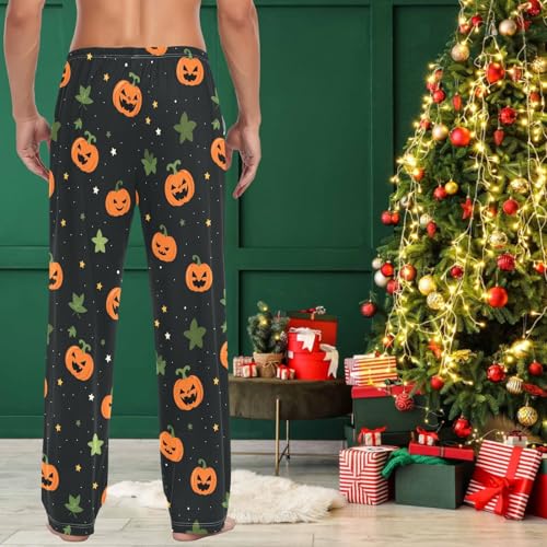 visesunny Men's Hawaii Bottoms Cotton Lightweight Halloween Pumpkin Leaf Casual Lounge Pants Soft Sleep Pj4