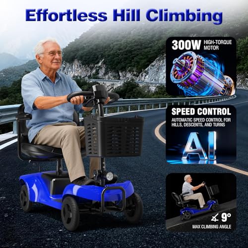Image of Mobility Scooter,4 Wheel Mobility Scooter,28 Miles Range,300W Motor, 300LBS Capacity,Lightweight and Portable,with LED Headlights and Basket,Charger Included,Blue