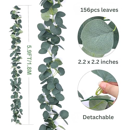 Image of Tdas Artificial Eucalyptus Garland Plant Leaves Hanging Flower Home Decor Faux Silk Leaf Silver Dollar Vines Handmade Greenery Wedding Backdrop Indoor Outdoor Arch Wall Decoration - 1 Pc (Green)
