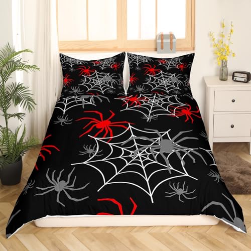 Feelyou Red Black White Cobweb Duvet Cover Queen Size, Scary Halloween Decorations Bedding Set Scary Spider Comforter Cover Kids Toddler Red Black Gray Animal Bed Set with 2 Pillow Case (No Comforter)