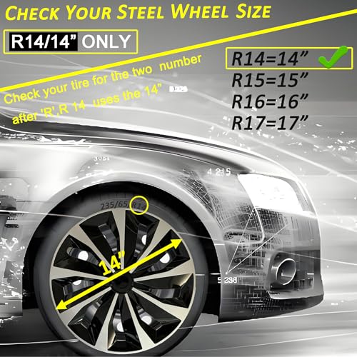 Image of Hubcaps Wheel Covers Replacement R14 Size Hub Cap Universal-Fit Steel Wheel Rim Caps ABS Tire Cover Snap on Most Car Truck SUV Sedan -Set of 4(14-inch,Silver-Black)