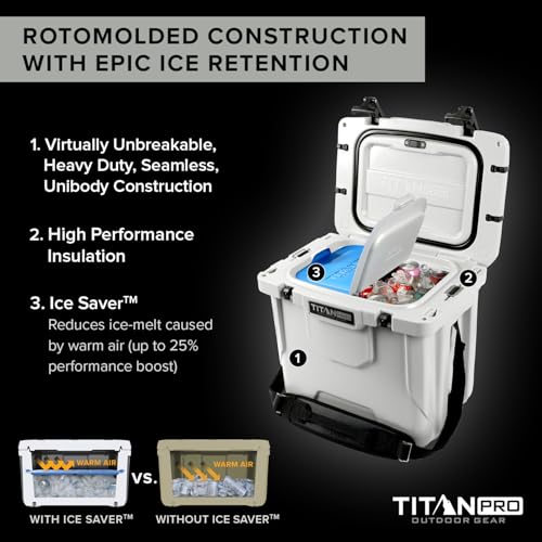 Image of Titan PRO High Performance Ice Chest - 25 Quart Capacity - Hard Cooler with Interior LED Light, Ice Saver Performance Booster and Microban Protection - Arctic White