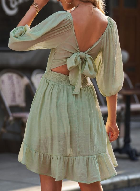 Miniatura 2 de Dokotoo Vestidos de verano para mujer, cuello cuadrado, lazo en la espalda, manga farol, volantes, vestido casual acampanado