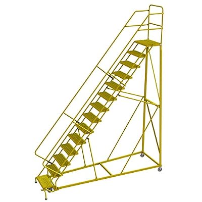 Tri-Arc KDEC114242-Y 14-Step Forward Descent Safety Angle Steel Rolling Industrial & Warehouse Ladder with Grip Strut Tread, 24" Wide Steps, Yellow Powder Coated Finish