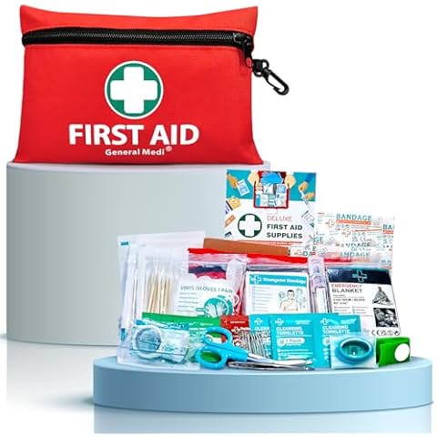 General Medi Mini First Aid Kit, 110 Piece Small First Aid Kit - Includes Emergency Foil Blanket, Scissors for Travel, Home, Office, Vehicle, Camping, Workplace & Outdoor (Red) Cover