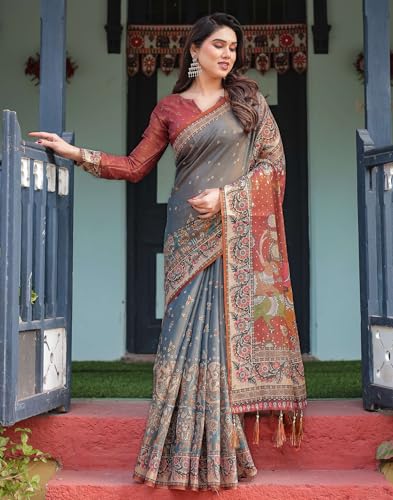 Image of SIRIL Women's Cotton Linen Printed Handloom Saree with Unstitched Blouse Piece