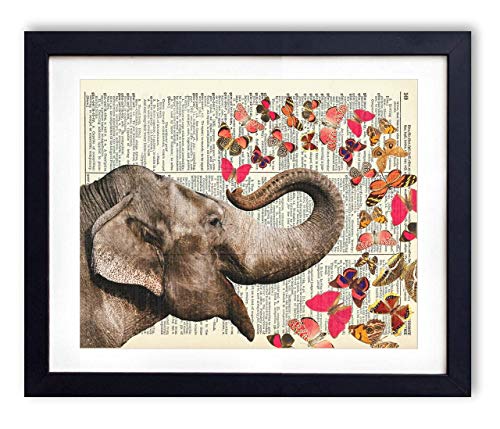 Elephant With Butterflies (#2) Vintage Dictionary Art Print, Antique Wall Art Home Decor, Modern Boho Poster, Farmhouse Decoration Living Room Bedroom Office 8x10 Inches, Ready To Frame