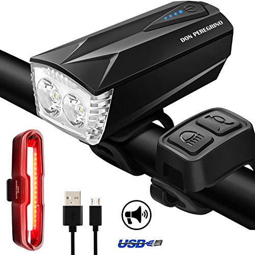 DONPEREGRINO S1 - Set LED Luces Bicicletas USB Recargable con Función de Timbre, 5w 400 LM Faro Bici & 110 LM Luz Trasera Bicicleta Potente