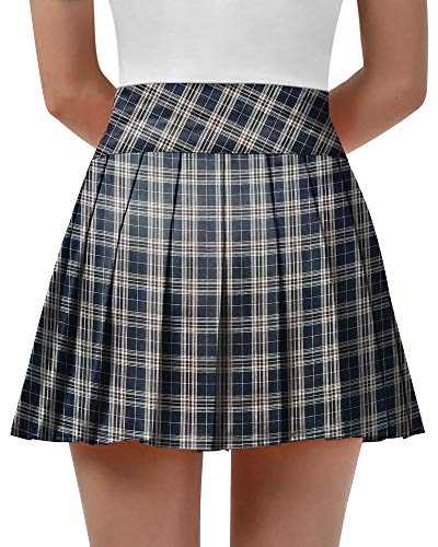 Image of MANGOPOP Women Girls High Waist Pleated Skater Tennis School Uniform A-line Skirts (Navy Blue(Plaid), Small)