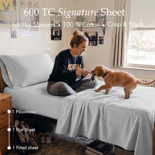 Image of Threadmill 600TC Cotton Twin Sheet Set, Sateen, Damask Stripe, Light Grey